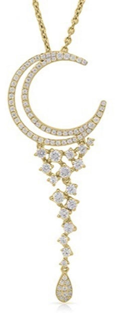 .84CT DIAMOND 14KT YELLOW GOLD 3D CLUSTER DOUBLE CRESCENT MOON TEAR DROP PENDANT