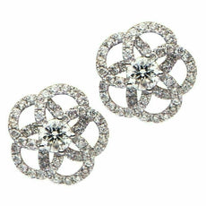 ESTATE .82CT ROUND DIAMOND 18KT WHITE GOLD 3D CLASSIC SWIRL FLOWER STUD EARRINGS
