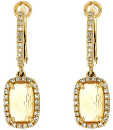 2.11CT DIAMOND & AAA CITRINE 14K YELLOW GOLD 3D CUSHION & ROUND HANGING EARRINGS