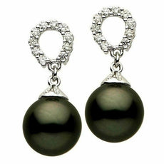 ESTATE .20CT DIAMOND & AAA TAHITIAN PEARL 18KT WHITE GOLD LUCKY HANGING EARRINGS