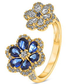 1.93CT DIAMOND AAA SAPPHIRE 14K YELLOW GOLD OVAL & ROUND DOUBLE FLOWER LOVE RING