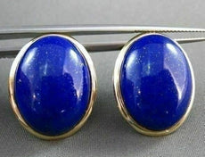 ANTIQUE LARGE AAA OVAL LAPIS 14KT YELLOW GOLD EARRINGS W/ CLIPS BEAUTIFUL #22108