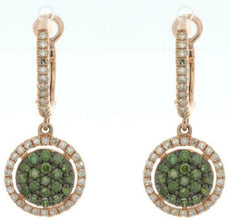 .74CT WHITE & GREEN DIAMOND 14KT ROSE GOLD FLOWER HALO CLIP ON HANGING EARRINGS