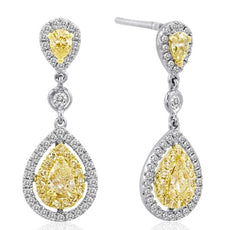2.85CT WHITE & FANCY YELLOW DIAMOND 14KT 2 TONE GOLD TEAR DROP HANGING EARRINGS