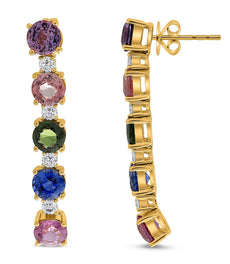 LARGE 7.73CT DIAMOND & AAA MULTI COLOR SAPPHIRE 18K YELLOW GOLD HANGING EARRINGS