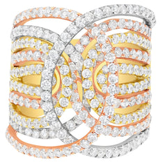 LARGE 4.05CT DIAMOND 18KT TRI COLOR GOLD 3D MULTI ROW LOVE KNOT ANNIVERSARY RING