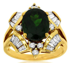 2.90CT DIAMOND & AAA GREEN GARNET 14KT YELLOW GOLD 3D OVAL ROUND & BAGUETTE RING