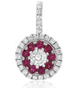 ESTATE .51CT DIAMOND & AAA RUBY 14KT WHITE GOLD 3D ROUND FLOWER CLUSTER PENDANT