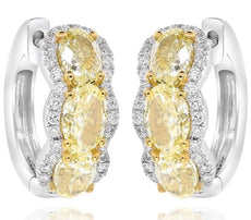 LARGE 3.58CT WHITE & FANCY YELLOW DIAMOND 18KT 2 TONE GOLD OVAL 3 STONE EARRINGS