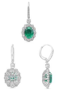 9.03CT DIAMOND & AAA EMERALD PLATINUM 3D OVAL & ROUND FLOWER LEVERBACK EARRINGS