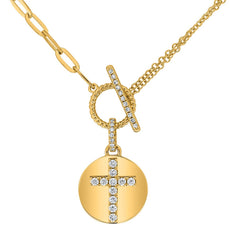 .18CT DIAMOND 14KT YELLOW GOLD ROUND CLASSIC CROSS CIRCULAR TOGGLE FUN NECKLACE