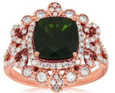 2.75CT DIAMOND & AAA GREEN GARNET 14K ROSE GOLD 3D CUSHION & ROUND FILIGREE RING