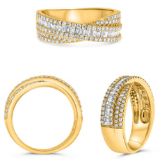 .80CT DIAMOND 14KT YELLOW GOLD ROUND & BAGUETTE MULTI ROWS CRISS CROSS LOVE RING