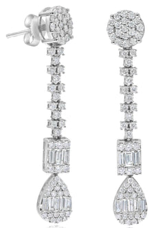 LARGE 1.76CT DIAMOND 14KT WHITE GOLD ROUND & BAGUETTE 2 ROW BY THE YARD EARRINGS