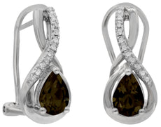 1.30CT DIAMOND & AAA SMOKY QUARTZ 14KT WHITE GOLD 3D ROUND & PEAR SHAPE EARRINGS