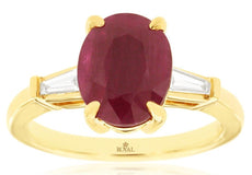3.26CT DIAMOND & AAA RUBY 14KT YELLOW GOLD OVAL & TAPERED BAGUETTE 3 STONE RING
