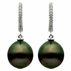 ESTATE .11CT DIAMOND & AAA TAHITIAN PEARL 14K WHITE GOLD 3D FUN HANGING EARRINGS