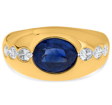 LARGE 2.77CT DIAMOND & AAA SAPPHIRE 14K YELLOW GOLD OVAL & ROUND BEZEL MENS RING