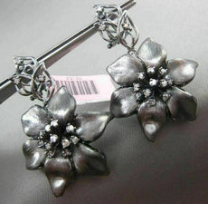 ESTATE LARGE .42CT ROUND DIAMOND 14KT BLACK GOLD 3D FLOWER LEAF HANGING EARRINGS