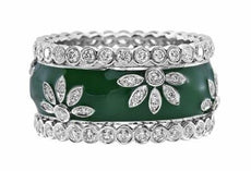 LARGE 1.44CT DIAMOND & GREEN ENAMEL 18K WHITE GOLD MULTI FLOWER ANNIVERSARY RING