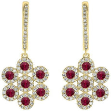 1.02CT DIAMOND & AAA RUBY 14KT YELLOW GOLD FLOWER LEVERBACK HANGING EARRINGS