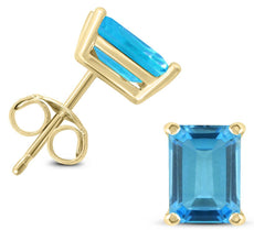 ESTATE .60CT AAA BLUE TOPAZ 14KT YELLOW GOLD EMERALD CUT SOLITAIRE STUD EARRINGS