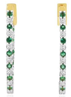 1.11CT DIAMOND & AAA EMERALD 14KT 2 TONE GOLD INSIDE OUT HOOP HANGING EARRINGS