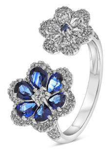 1.93CT DIAMOND AAA SAPPHIRE 14KT WHITE GOLD OVAL & ROUND DOUBLE FLOWER LOVE RING