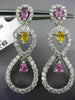 ESTATE LARGE 4.11CT DIAMOND & AAA PINK & YELLOW SAPPHIRE 18K WHITE GOLD EARRINGS