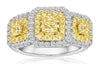 1.88CT WHITE & FANCY YELLOW DIAMOND 18K 2 TONE GOLD CUSHION & ROUND 3 STONE RING