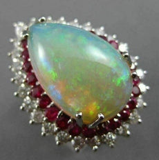 ESTATE LARGE 22.50CT DIAMOND & AAA RUBY & OPAL 14KT WHITE GOLD DOUBLE HALO RING