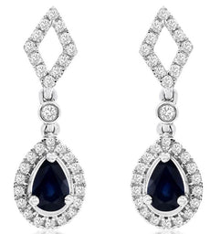 1.54CT DIAMOND & AAA SAPPHIRE 14K WHITE GOLD PEAR SHAPE & ROUND HANGING EARRINGS