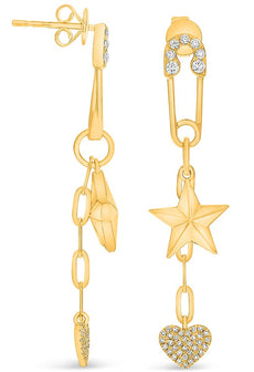 .35CT DIAMOND 14KT YELLOW GOLD 3D SAFETY PIN STAR & PAVE HEART LINK FUN EARRINGS