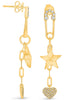 .35CT DIAMOND 14KT YELLOW GOLD 3D SAFETY PIN STAR & PAVE HEART LINK FUN EARRINGS