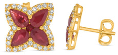 2.34CT DIAMOND AAA RUBY 14KT YELLOW GOLD PEAR SHAPE & ROUND FLOWER STUD EARRINGS