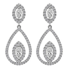 1.98CT DIAMOND 18K WHITE GOLD ROUND & MARQUISE DOUBLE TEAR DROP HANGING EARRINGS