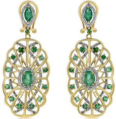 1.96CT DIAMOND & AAA EMERALD 14KT YELLOW GOLD 3D FLOWER CLIP ON HANGING EARRINGS