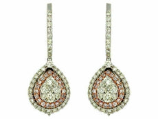 ESTATE 1.46CT WHITE & PINK DIAMOND 14KT TWO TONE GOLD 3D FLOWER HANGING EARRINGS