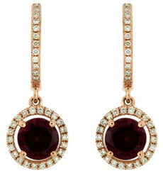 2.46CT DIAMOND & AAA RHODOLITE 14KT ROSE GOLD 3D HALO LEVERBACK HANGING EARRINGS