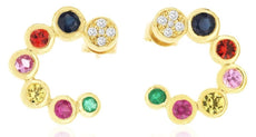 1.76CT DIAMOND & AAA MULTI COLOR SAPPHIRE 14K YELLOW GOLD SIDEWAYS HOOP EARRINGS