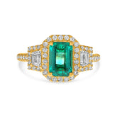 LARGE GIA 1.77CT DIAMOND & AAA EMERALD 14KT YELOW GOLD 3 STONE ENGAGEMENT RING