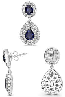 5.58CT DIAMOND & AAA SAPPHIRE 18KT WHITE GOLD PEAR SHAPE & ROUND FLOWER EARRINGS