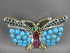 ANTIQUE LARGE DIAMOND RUBY SAPPHIRE TURQUOISE 14K W&Y GOLD BUTTERFLY PIN #2187