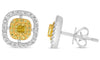 .69CT WHITE & FANCY YELLOW DIAMOND 18K 2 TONE GOLD CUSHION & ROUND HALO EARRINGS