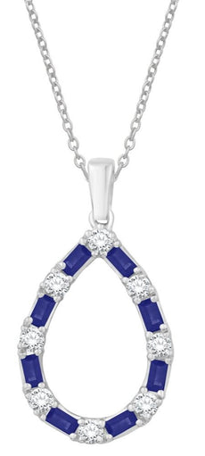 .94CT DIAMOND & AAA SAPPHIRE 14KT WHITE GOLD ROUND & BAGUETTE TEAR DROP PENDANT
