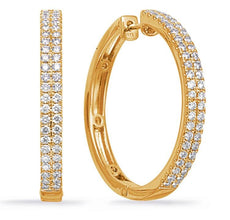1.18CT DIAMOND 14K YELLOW GOLD 3D ROUND CLASSIC 2 ROW PAVE HOOP HANGING EARRINGS