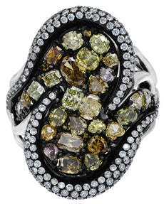 LARGE 5.27CT MULTI COLOR DIAMOND 18K WHITE & BLACK GOLD 3D MULTI SHAPE LOVE RING
