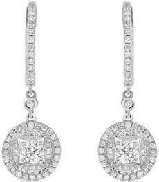 ESTATE .95CT DIAMOND 14K WHITE GOLD 3D ROUND & PRINCESS CLASSIC HANGING EARRINGS