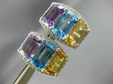 ESTATE LARGE .24CT DIAMOND & MULTI GEM 14KT WHITE GOLD 3 STONE HALO EARRINGS