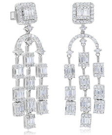 EXTRA LARGE 1.94CT DIAMOND 18KT WHITE GOLD ROUND & BAGUETTE CHANDELIER EARRINGS